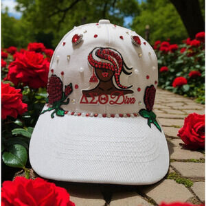 Delta‎ Sigma Theta Baseball Cap White with Red Rhinestones & White Pearls